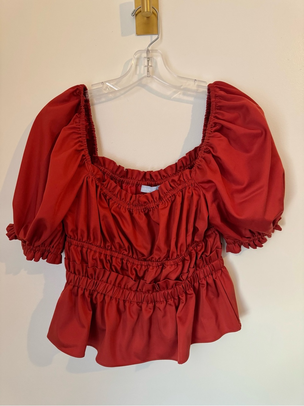ANTONIO MELANI Red Puff Sleeve Shirred Peplum Blouse